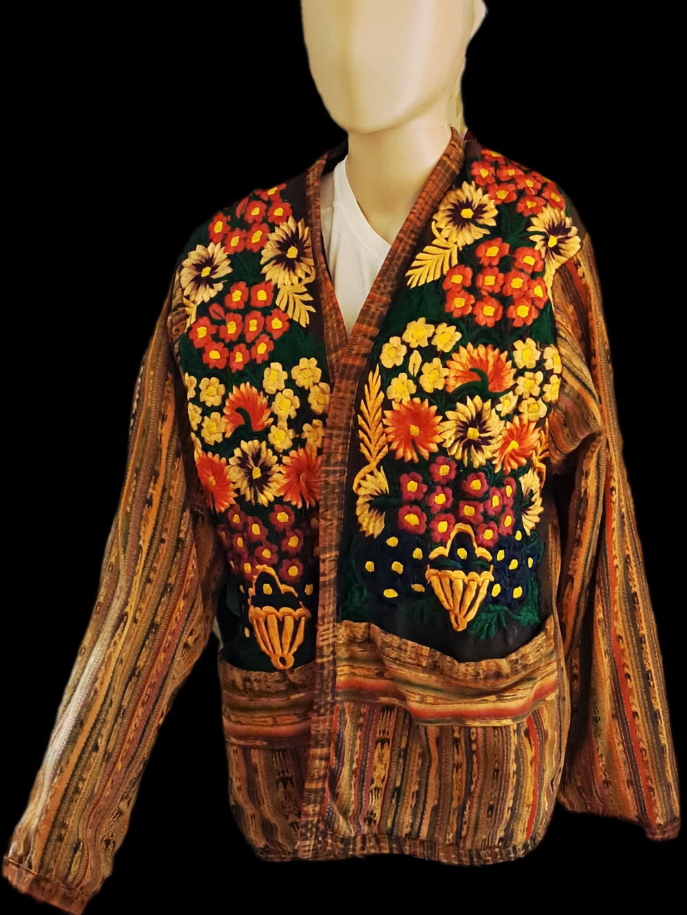70s Vintage Embroidered Floral Patchwork Jacket in Green, Yellow & Orange
